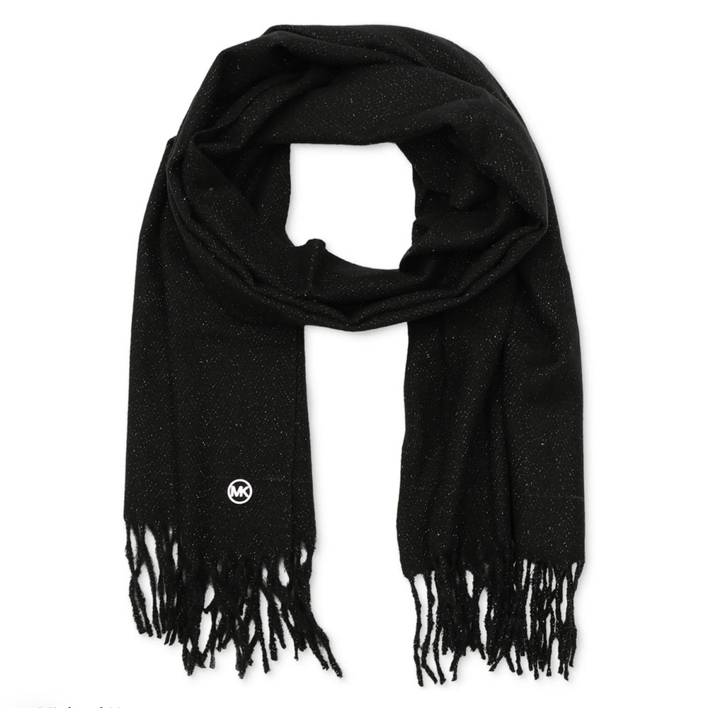 Micheal Kors MK Metallic Black & Silver Glitter Herringbone Wrap Tussled Scarf